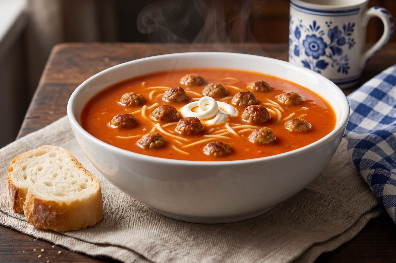 Traditional Dutch Tomato Soup with Meatballs
